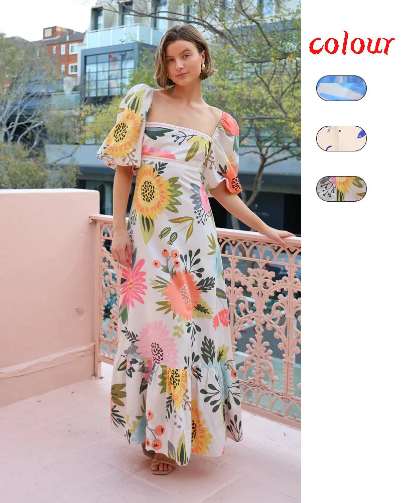 Bohemian Printed Lantern Sleeve Maxi Dress With Collar