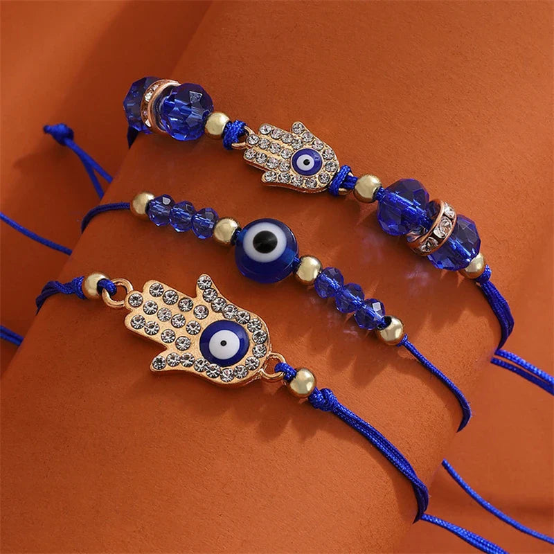 3 Pieces Lucky Turkish Blue Evil Eye Bracelets with Fatima Hand Hamsa and Butterfly Charm Handmade Jewelry