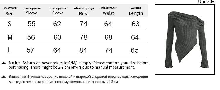 Slim Fit Off Shoulder Crop Top for Women - Asymmetrical Long Sleeve Solid T-Shirt in Trendy Streetwear Style