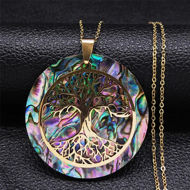 Tree of Life Abalone Shell Necklace Gold Color Stainless Steel Boho Jewelry for Weddings and Special Occasions