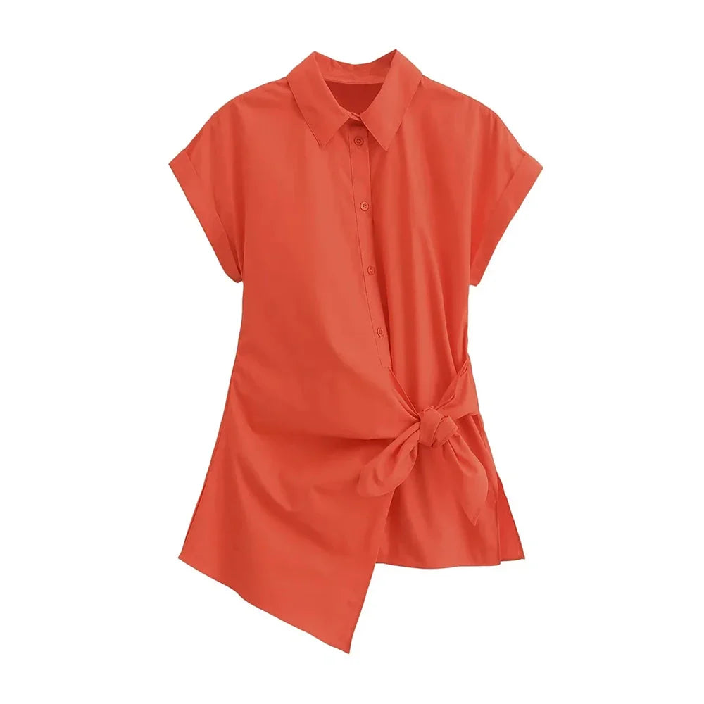 Asymmetric Poplin Shirt for Women with Front Knot Ties Short Sleeve Button-Up Chic Blouse Top