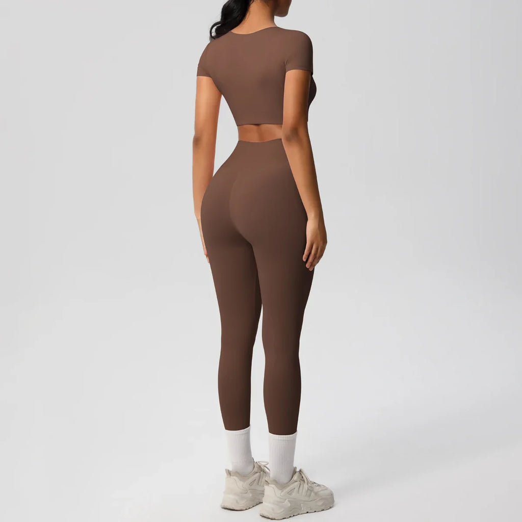 Yoga Set for Women Fitness Sportswear with Short Sleeve Top and High Waist Leggings