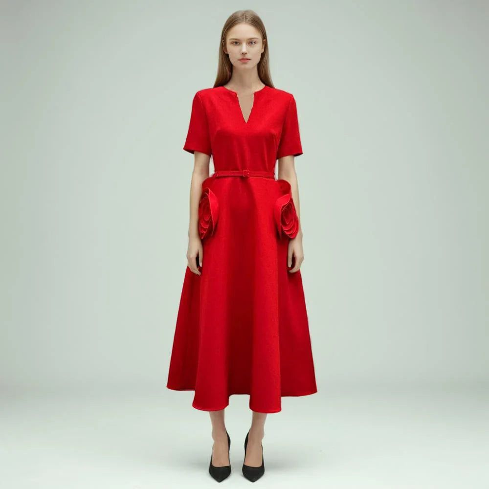 Hollow Out Patchwork Dress For Women V Neck Long Belted