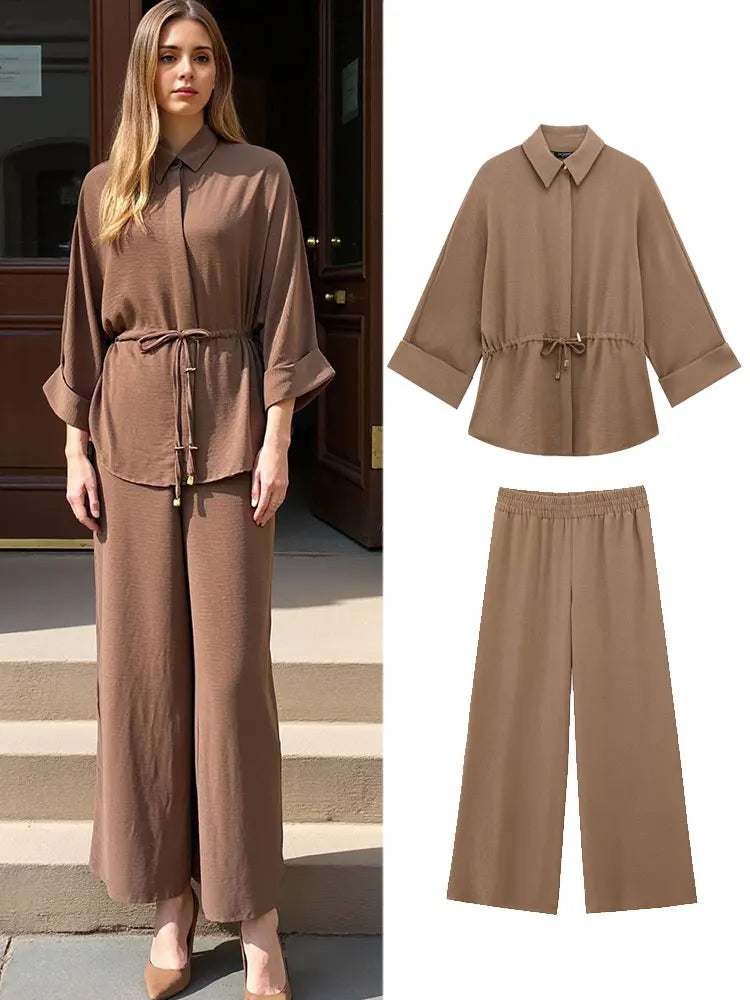High Waist Casual Trousers and Long Sleeve Shirt Set for Women with Retro Lapel and Drawstring Waist