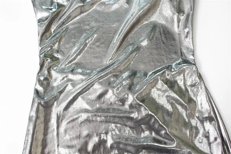 Silver Spaghetti Strap Backless Clubwear Dress High Split