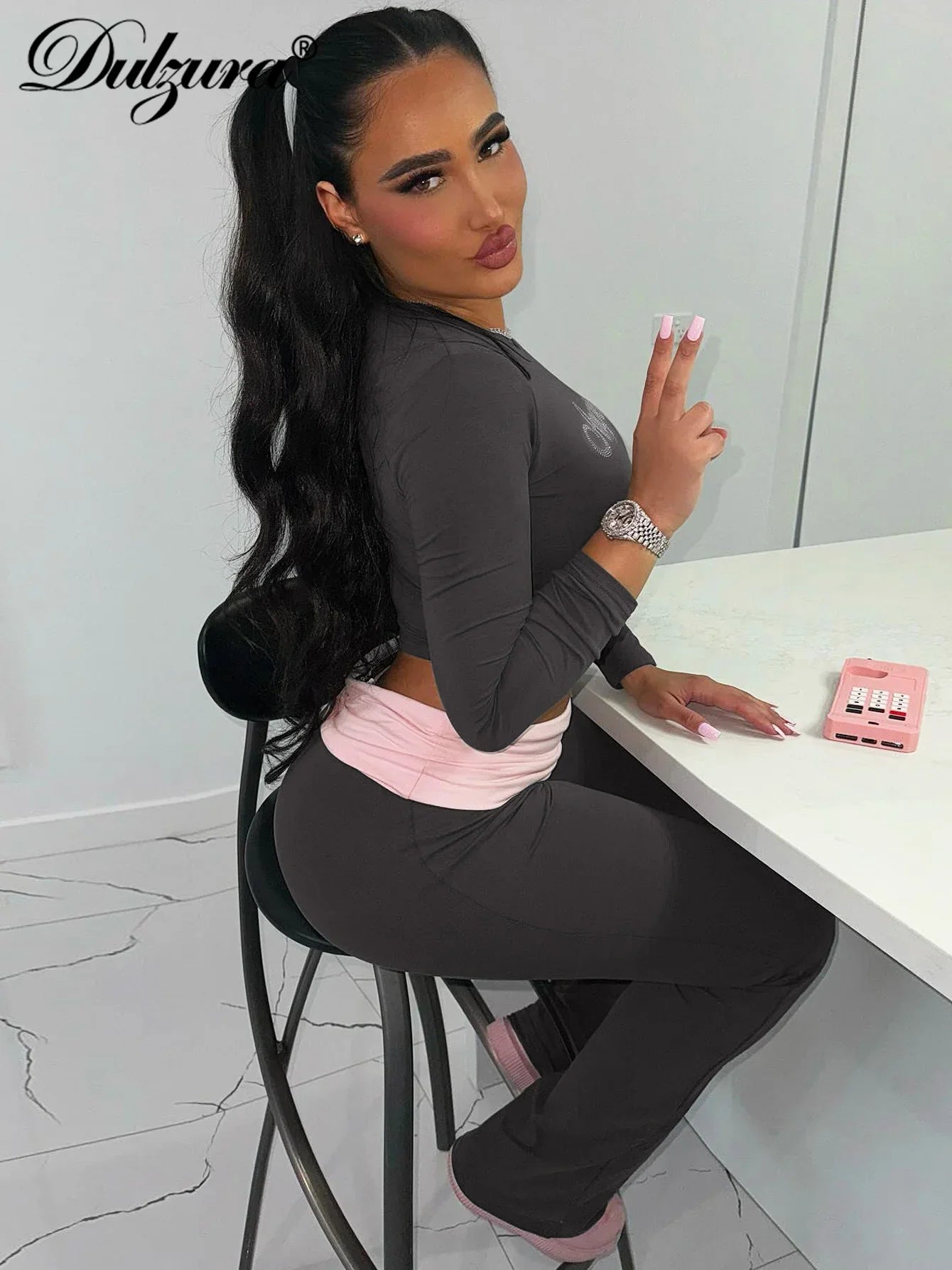 Women's Sexy Casual Two Piece Pants Set with Long Sleeve Letter Print Crop Top and Flare Pants for Streetwear Fashion