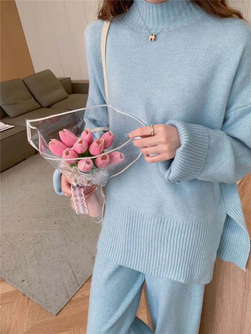 Cozy Split Knit Sweater and Casual Pants Two-Piece Set for Women Soft Solid Color Autumn Winter Outfit