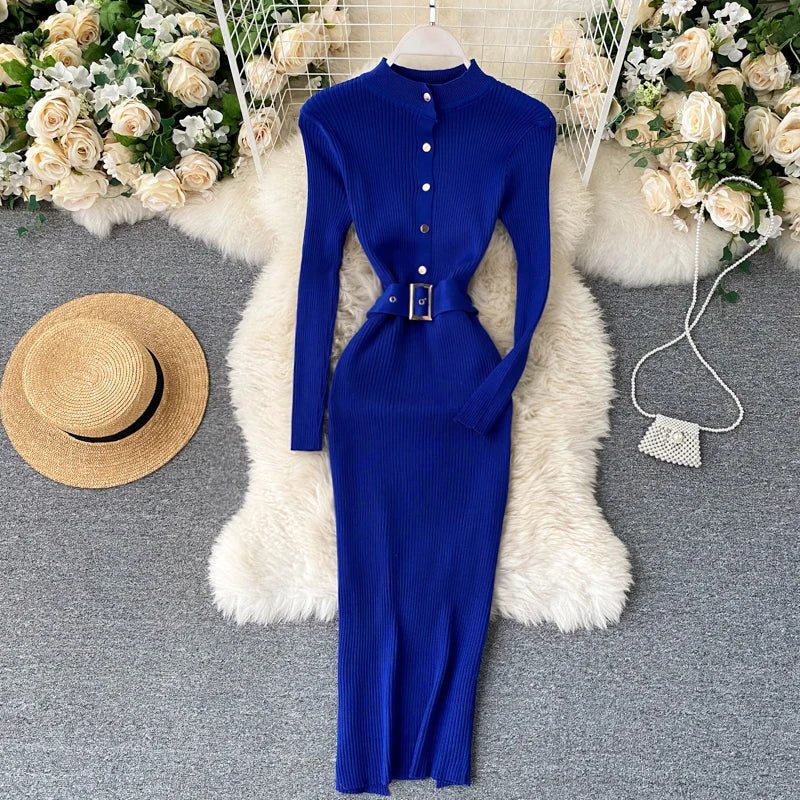 Womens Winter Knitted Dress Stand Collar With Sash Belt
