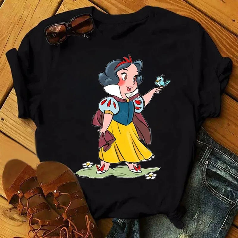 Cute Disney Princess Pattern Women's Cotton T-Shirt Short Sleeve Kawaii Graphic Tee for Casual Wear