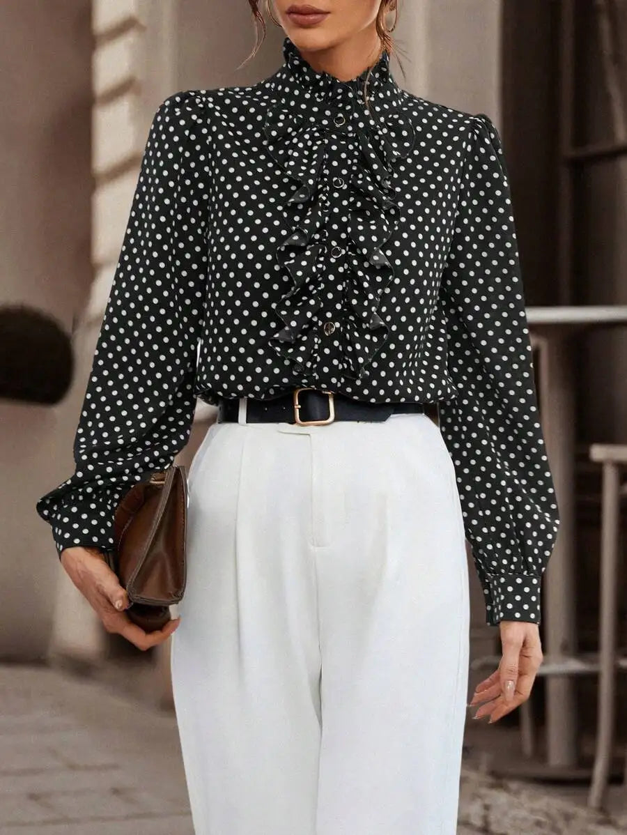 Long Sleeve Polka Dot Button Shirt for Women with Ruffle Detail Elegant Office Blouse Casual Fashion Top