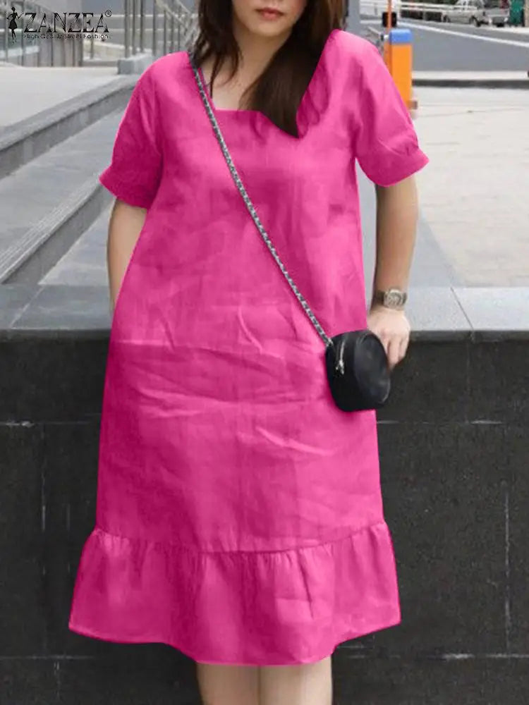 Knee Length Puff Sleeve Dress Women Casual A Line Style