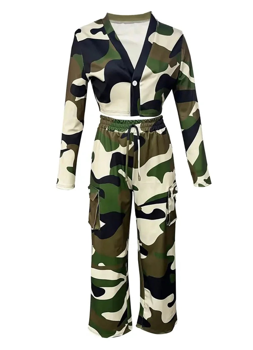 Camo Print Cargo Pants Set with Sexy Crop Top and High Waist Wide Leg Trousers for Women