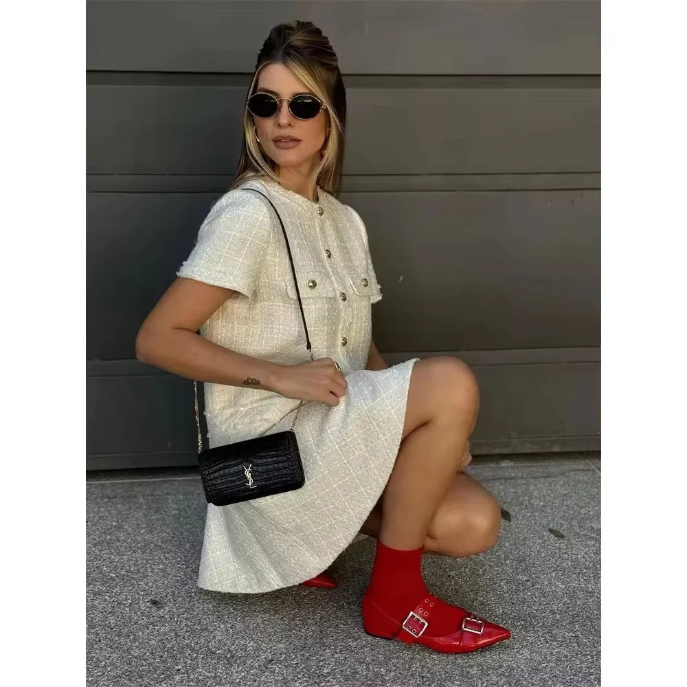 Women Textured Mini Dress Summer Round Neck Short Sleeve