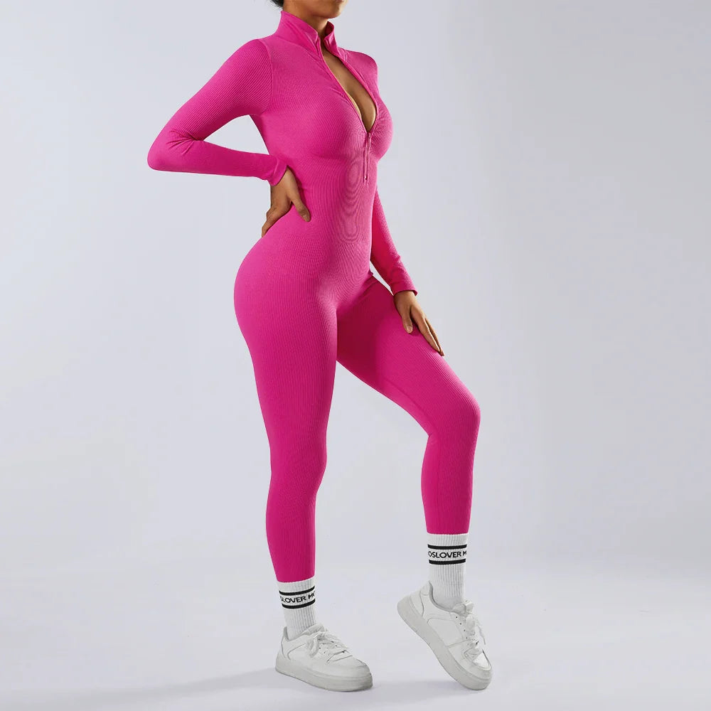 Women's Bodycon Jumpsuit Casual Fitness Rompers with Zipper Slim Fit Bodysuit Streetwear Activewear for Autumn and Winter