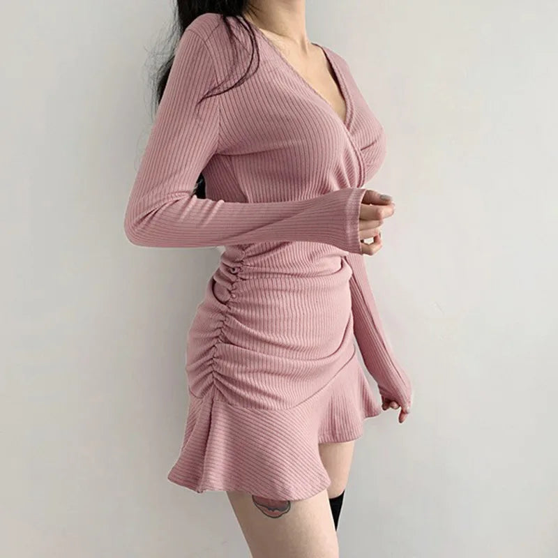 Womens V Neck Long Sleeve Slim Fit Dress With Ruffle Edge