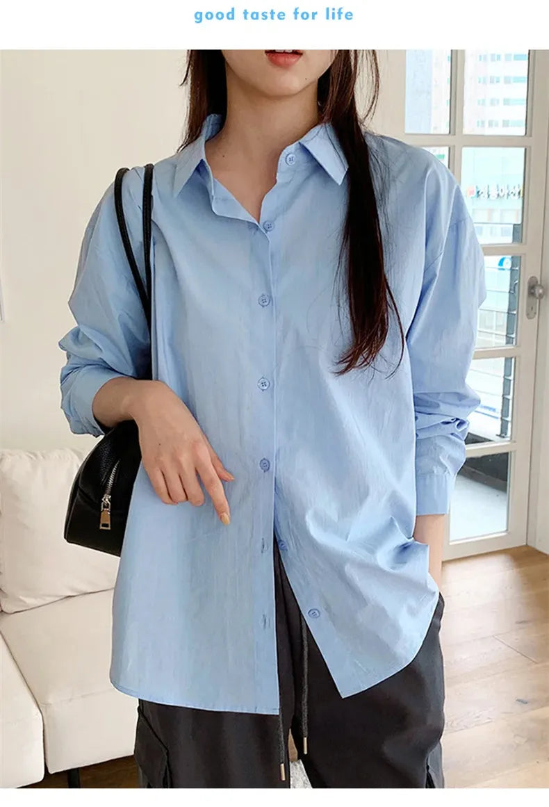 Women's Casual Loose Fit Long Sleeve Lapel Shirt 100 Percent Cotton Pure Color Versatile Layering Top for Spring and Autumn
