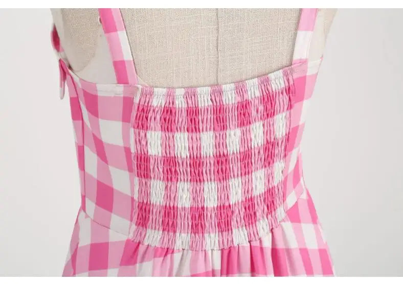 Pink Plaid Suspender Dress High Waisted Party Gown Chic
