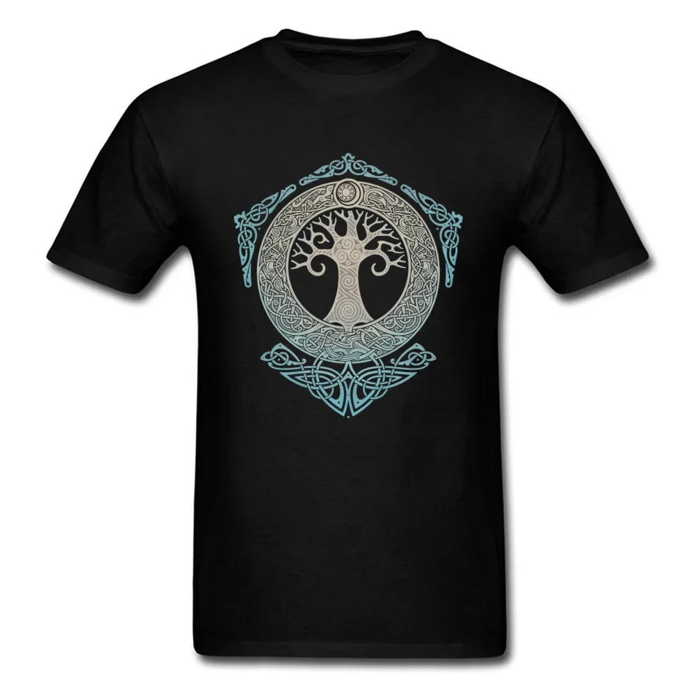 Yggdrasil Tree Of Life Cotton T-Shirt for Men Geometric Design Summer and Fall Black Tee