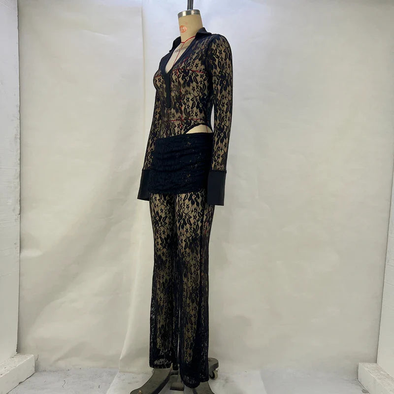 Sexy Lace Patchwork Deep V Long Sleeved Top and Slim Fit High Waisted Flared Pants Women's Set