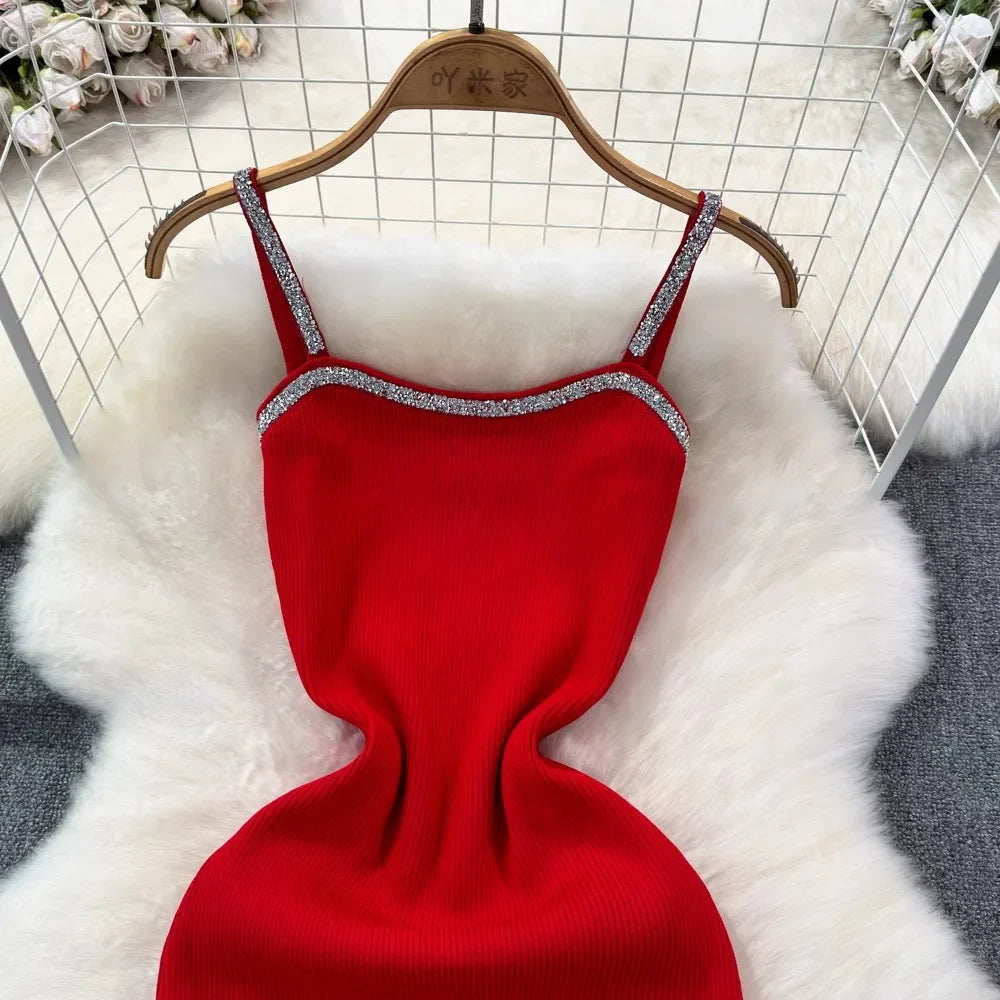 Knit Bodycon Mini Dress With Shimmer Straps For Women