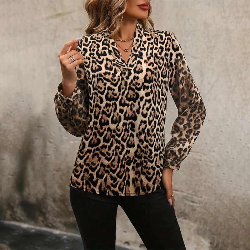 Elegant Satin Leopard Print Button Up Shirt for Women Vintage Silk-Like Blouse Long Sleeve Office Top