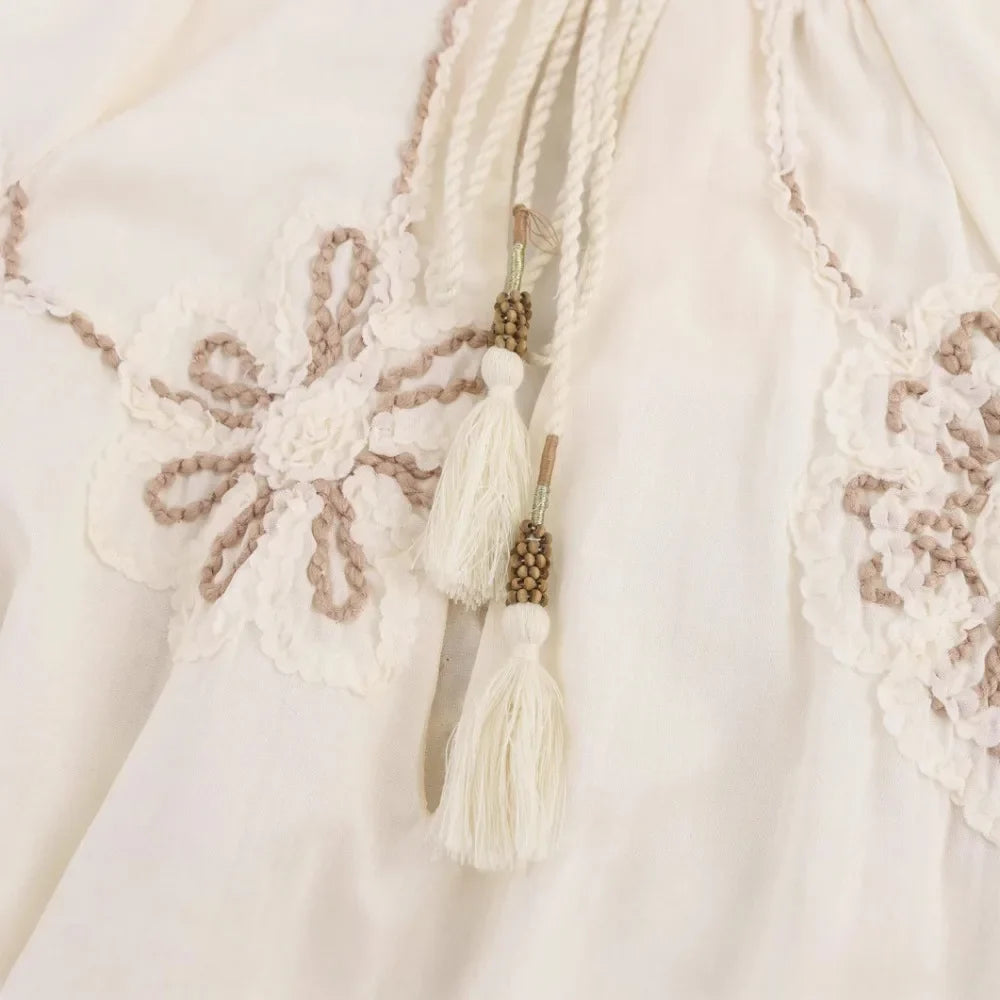 Womens Flower Embroidered Cropped Blouse Loose Tassel Lantern Sleeve Round Neck Chic Top