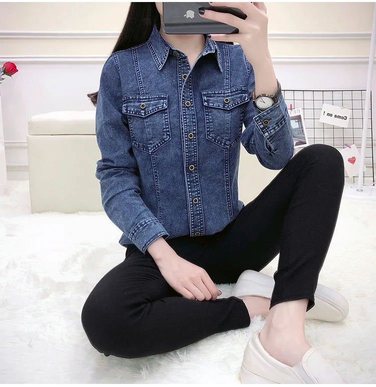 Women's High Quality Denim Shirt Long Sleeve Single Button Blouse with Pockets Casual Korean Style Autumn Winter Top