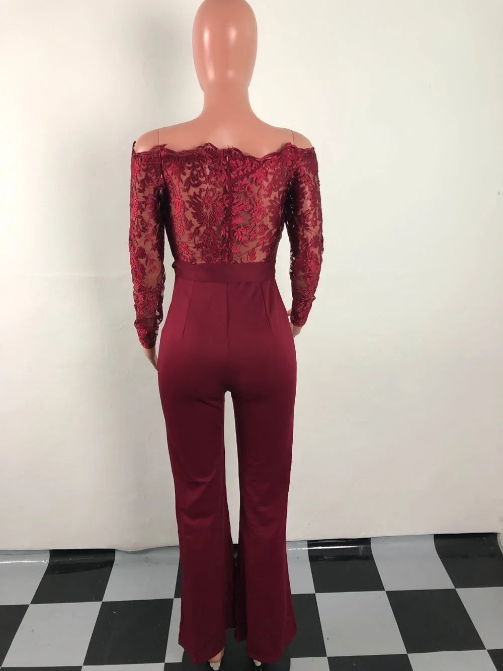 Appliques Lace Patchwork Off Shoulder Jumpsuit for Women with Slash Neck Long Sleeve and Elegant Wide Leg Pants Party Overalls