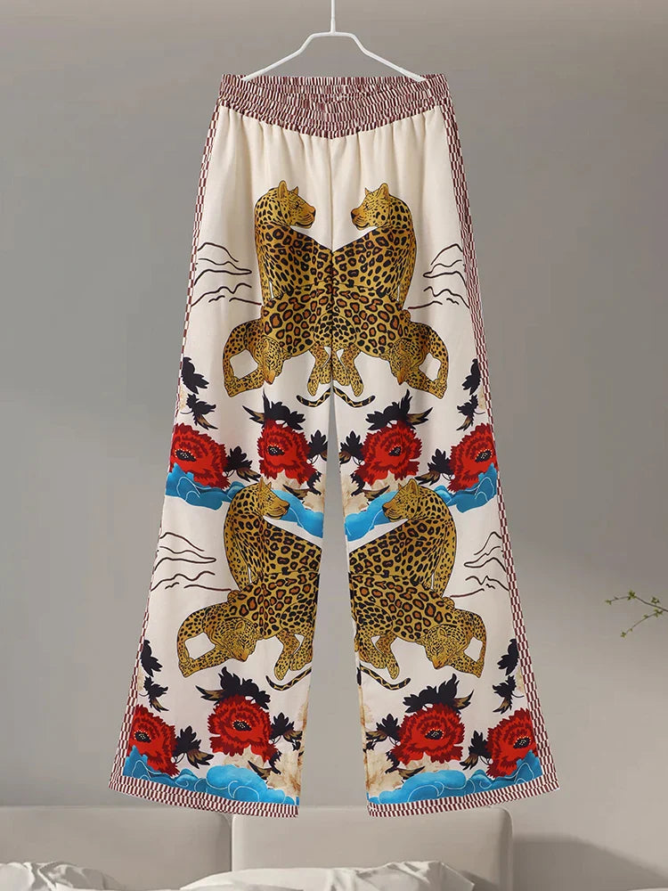 Autumn Women Leopard Print Suit Vintage Single Breasted Wide Leg Pants Set Casual Loose Outfit