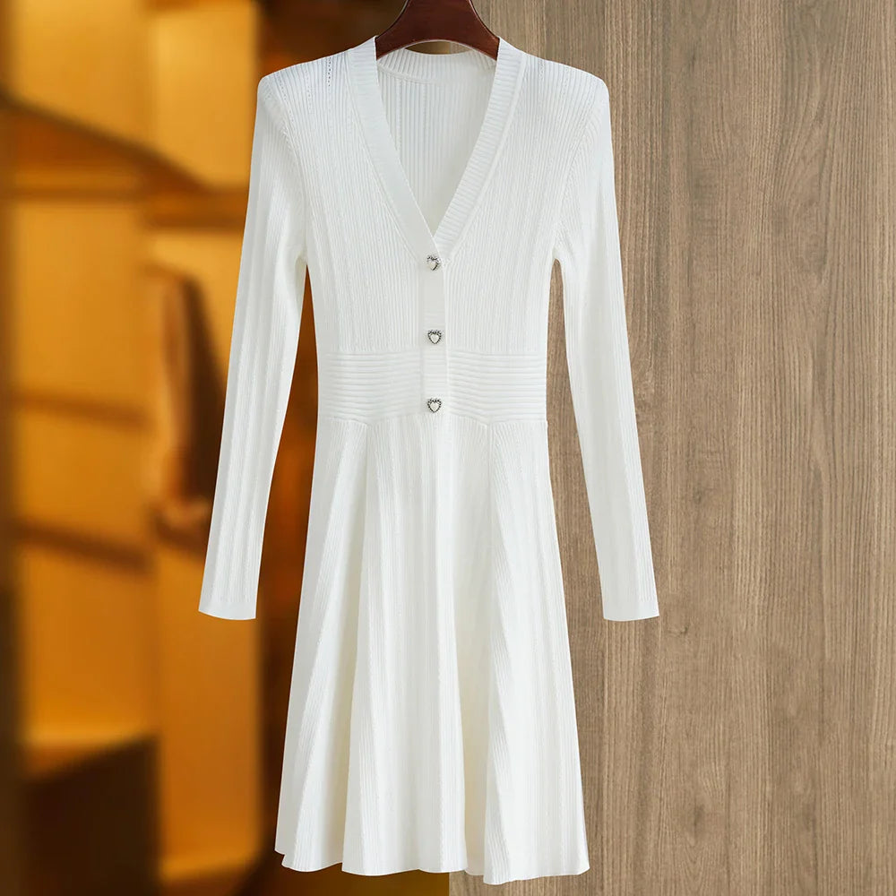 Knitted Long Sleeve V Neck Button Party Dress for Autumn