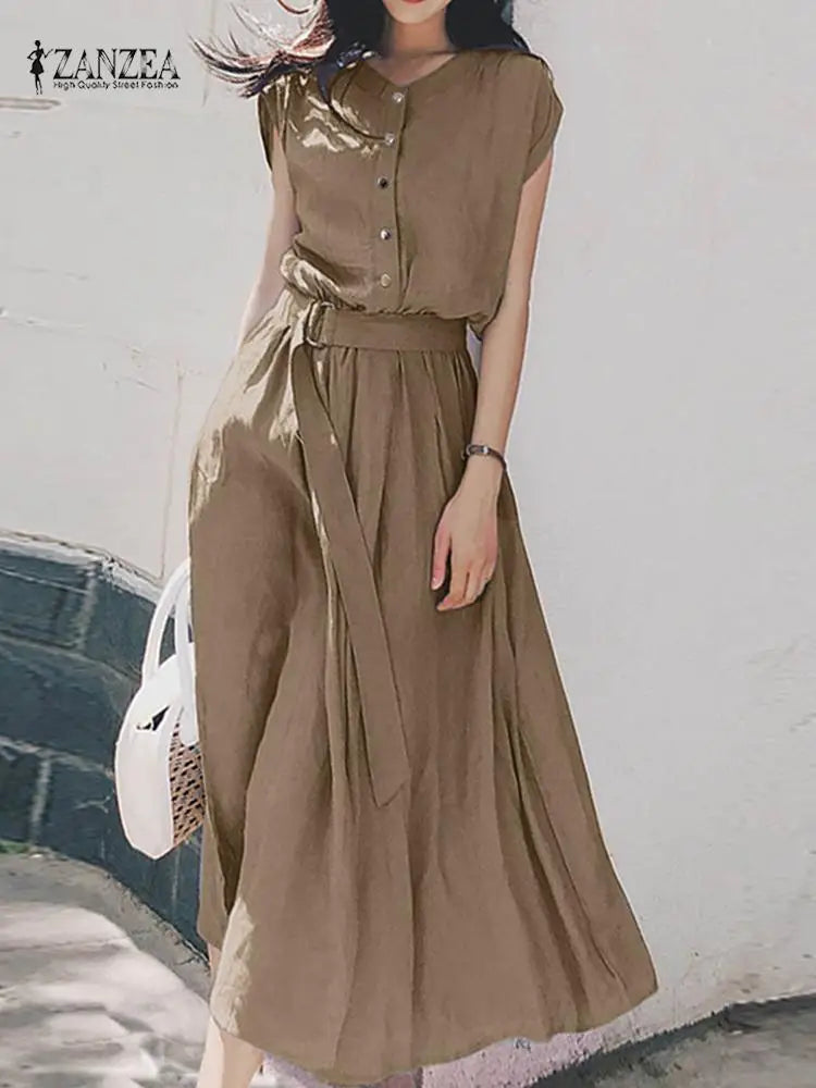 Boho Midi Summer Dress With Short Sleeves And Belt Included
