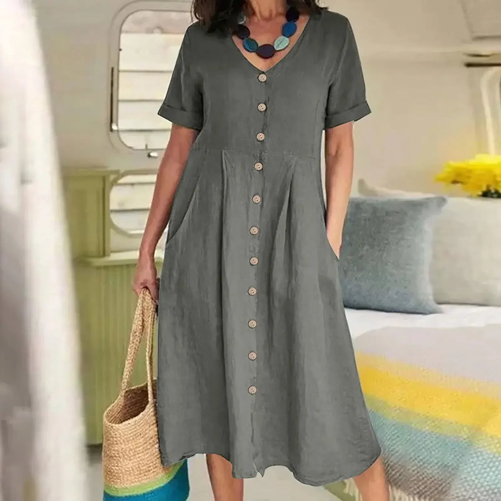Cotton Hemp Dress V Neck Pleated High Waist Short Sleeve
