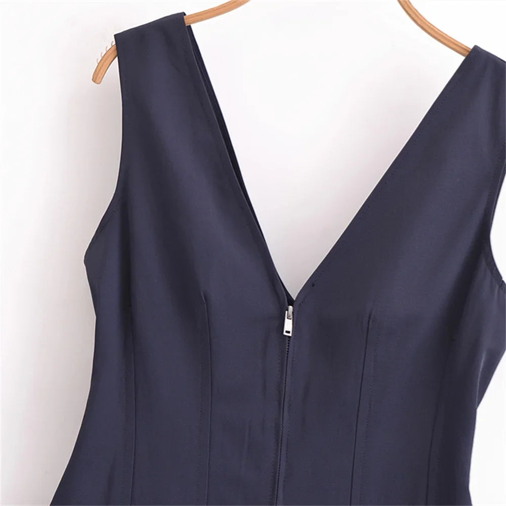 Zipper V Neck Midi Dress For Women Solid Color Casual Wear