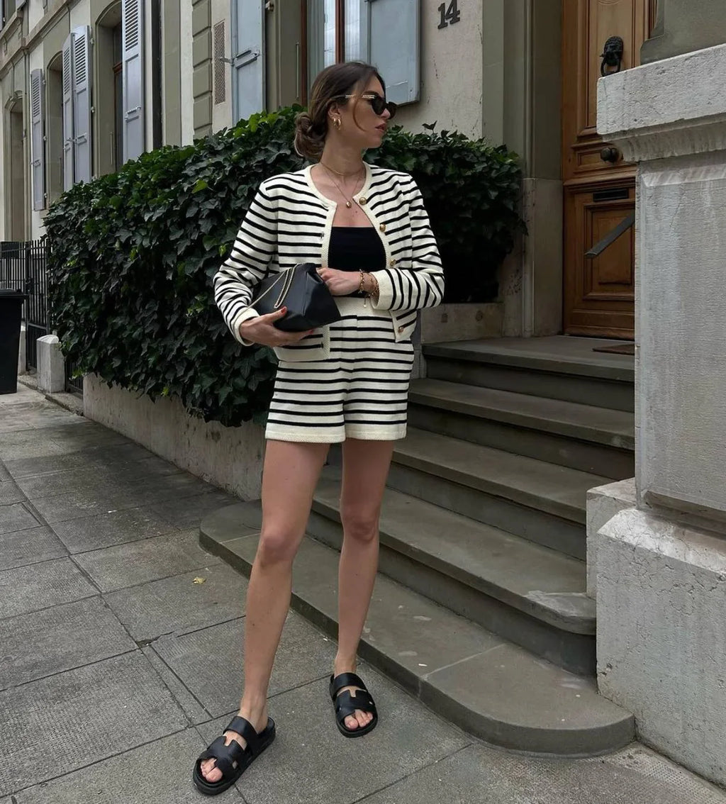 Autumn Striped Single Breasted Knit Cardigan and Shorts Two Piece Set for Women Elegant Sweater Top and Matching Bottoms Stylish Streetwear Outfit