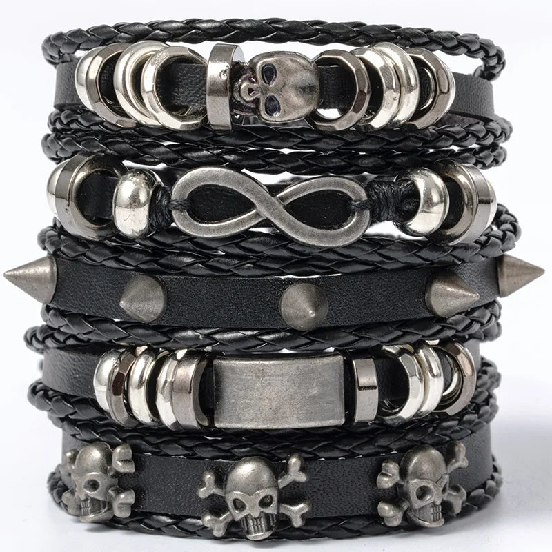 Punk Style Evil Eye Skull Bracelet Set with Adjustable PU Leather and Beads - 4/5/6 Pieces
