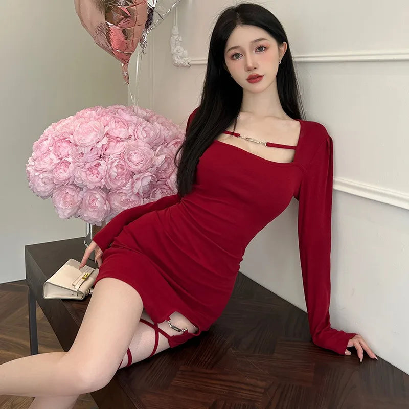 Red Off Shoulder Square Collar Party Dress With Long Sleeve