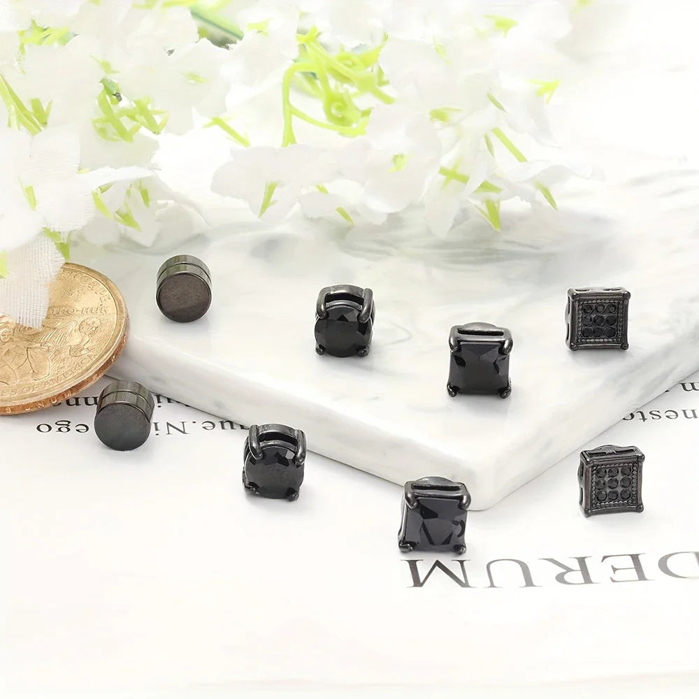 4 Pairs Magnetic Stainless Steel Stud Earrings with Cubic Zirconia Non-piercing Ear Clips for Men