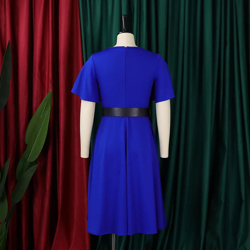 Elegant Womens Belted Round Neck Ruffle Sleeve Midi Dress