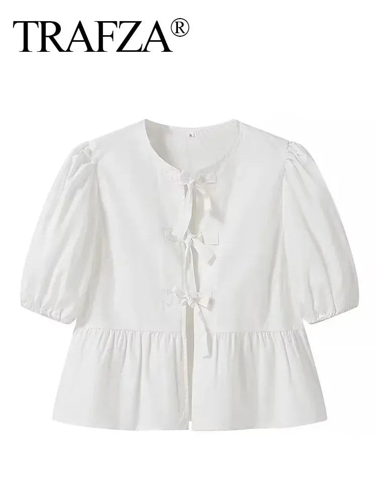 Women Bow Lace Up Puff Sleeve Blouse O Neck Sweet Casual Chic Top in White and Black
