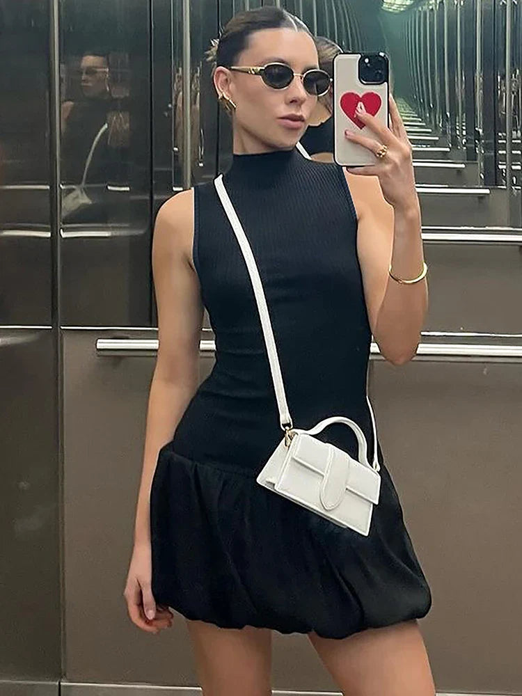 Ribbed Sleeveless Patchwork Bubble Backless Minidress