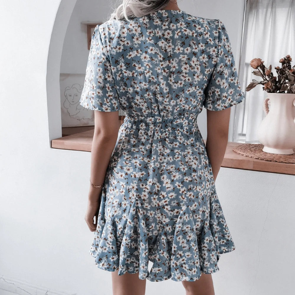 Summer Floral Dress With Bubble Sleeves V Neck A Line