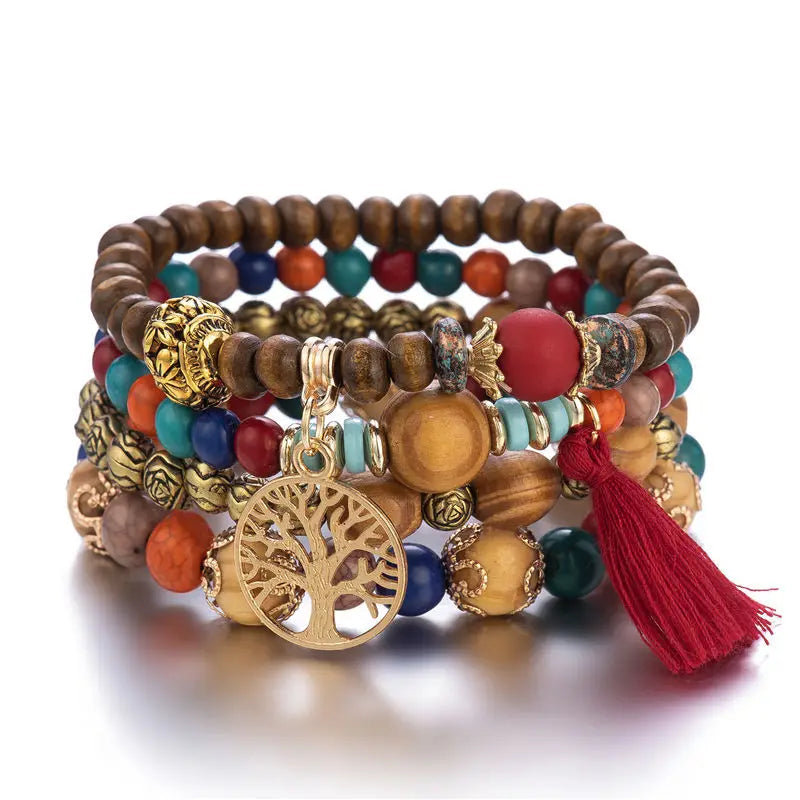 4Pcs Bohemian Tree Of Life Charm Beaded Bracelet Set Handmade Wood Beads Bangle Jewelry for Women