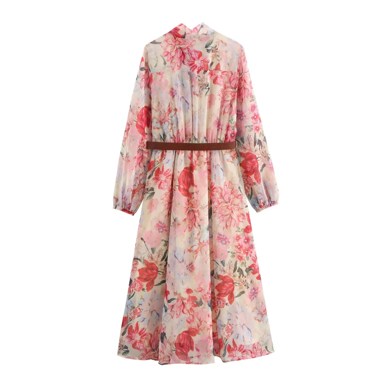 Floral Print Midi Dress With Belt Bow Collar Long Sleeve