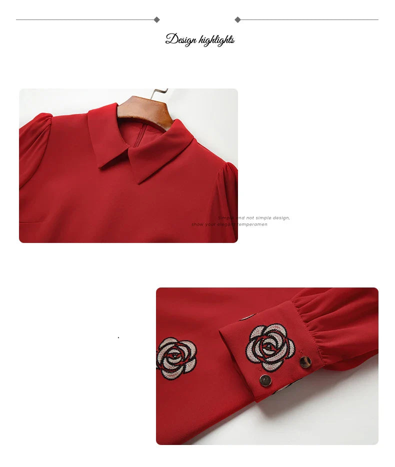 Floral Embroidery Chiffon Dress With Polo Collar For Office