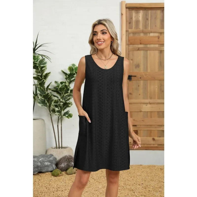 Loose Sleeveless Dress With Pockets Round Neck Solid Color