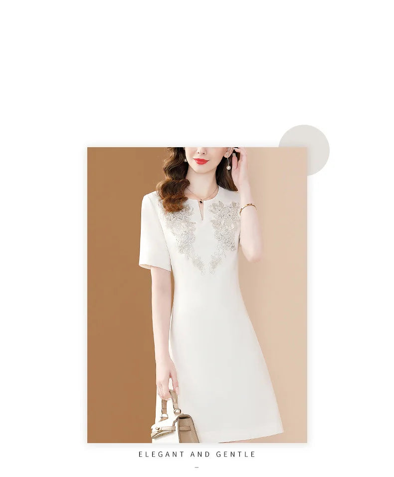 White Floral Embroidery A-Line Dress Short Sleeve Chic