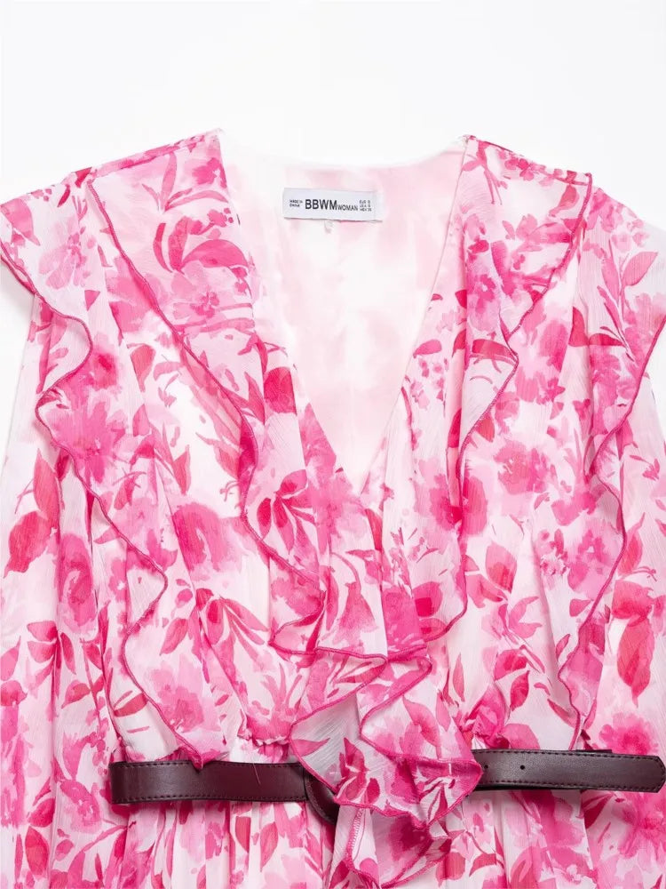 Printed Midi Dress With Belt for Women V Neck Chic