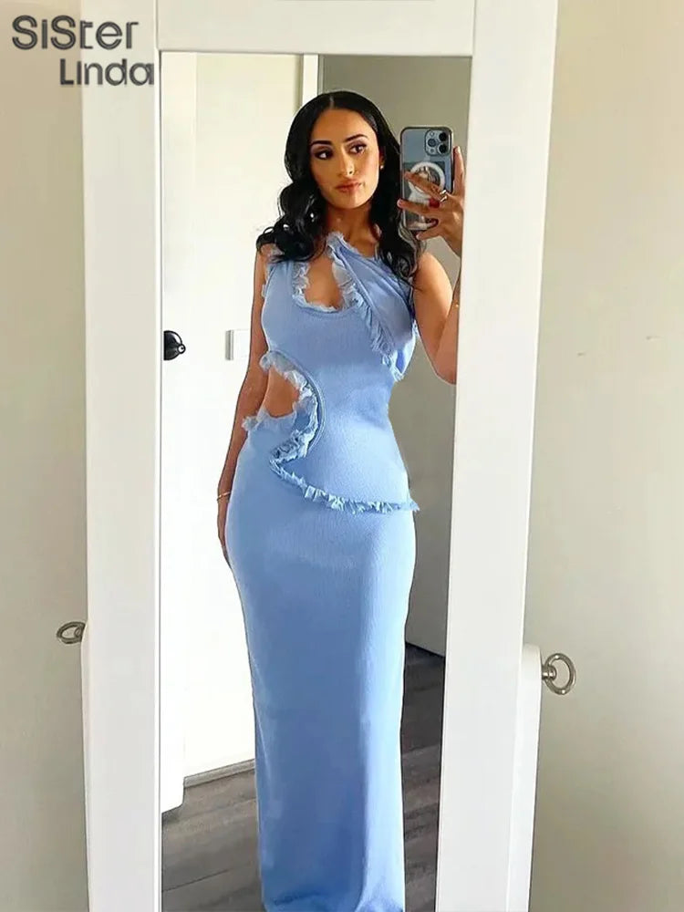 Junior Backless Halter Hollow Out Midi Calf Dress Style