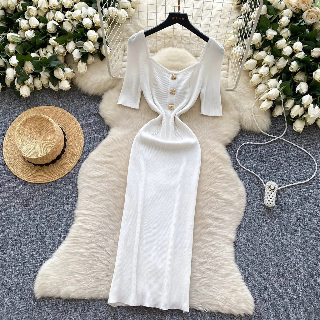 Women Square Collar Knit Dress Short Sleeve Wrap Sheath