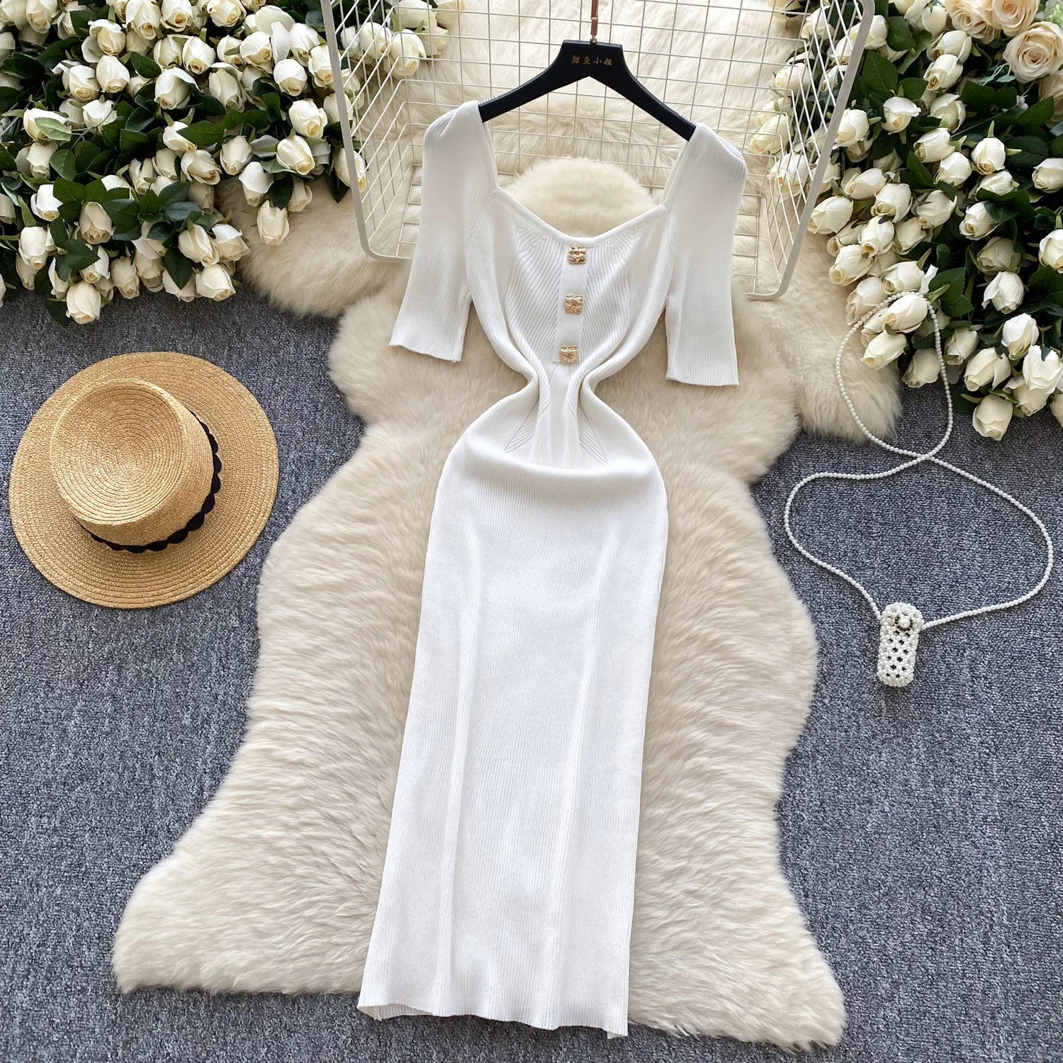 Women Square Collar Knit Dress Short Sleeve Wrap Sheath